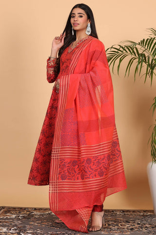 Red Chanderi Kurta Set With Block Print