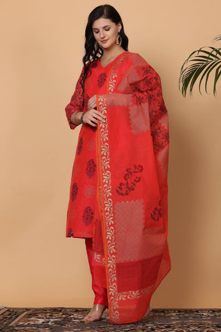 Red Chanderi Kurta Set With Block Print