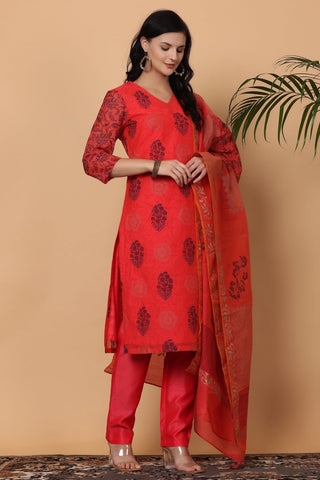 Red Chanderi Kurta Set With Block Print