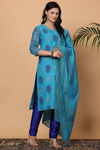 Turquoise Chanderi Kurta Set With Block Print