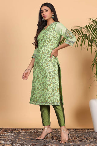 Green Chanderi Kurta Set With Block Print