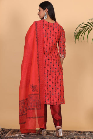 Red Chanderi Kurta Set With Block Print