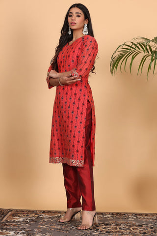 Red Chanderi Kurta Set With Block Print