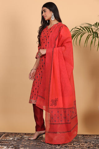 Red Chanderi Kurta Set With Block Print