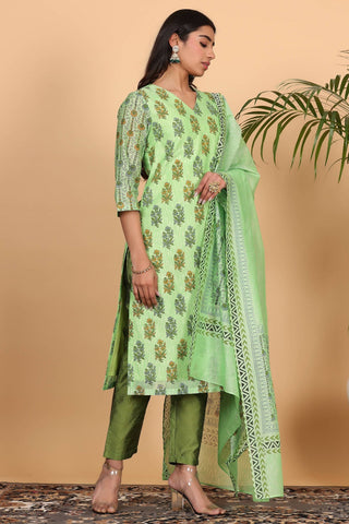 Green Chanderi Kurta Set With Block Print