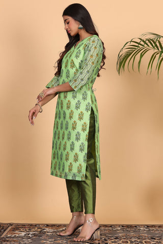 Green Chanderi Kurta Set With Block Print