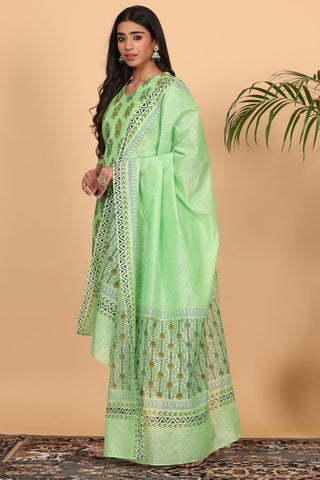 Green Chanderi Kurta Set With Block Print