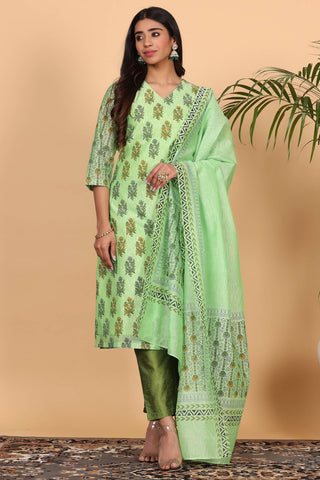 Green Chanderi Kurta Set With Block Print