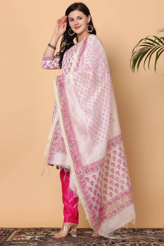 White Cotton Kurta Set With Block Print