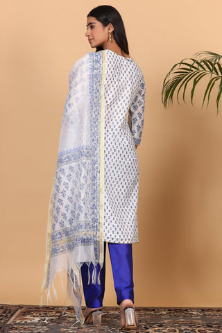 White Cotton Kurta Set With Block Print