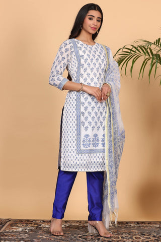 White Cotton Kurta Set With Block Print