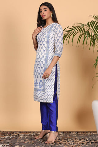 White Cotton Kurta Set With Block Print