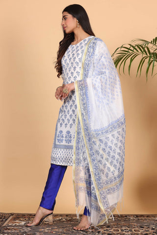 White Cotton Kurta Set With Block Print