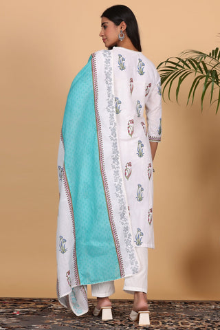 White Cotton Kurta Set With Block Print