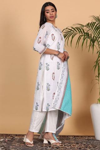 White Cotton Kurta Set With Block Print