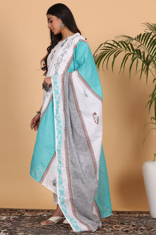 White Cotton Kurta Set With Block Print