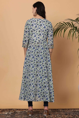 White Cotton Anarkali With Block Print