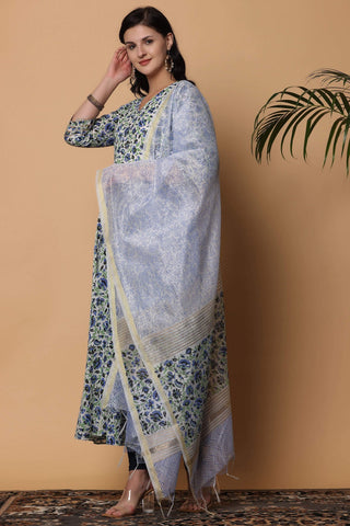 White Cotton Anarkali With Block Print