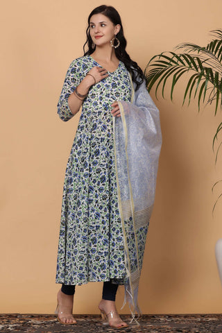 White Cotton Anarkali With Block Print