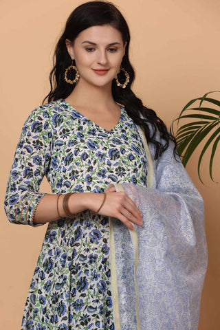 White Cotton Anarkali With Block Print