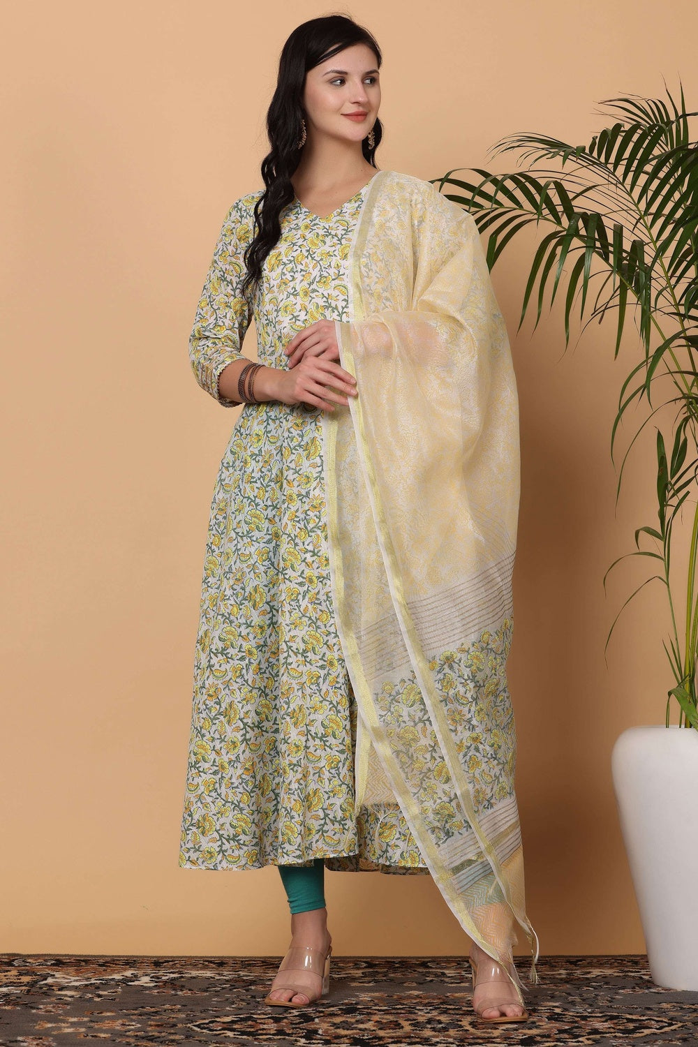 White Cotton Anarkali With Block Print