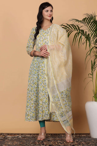 White Cotton Anarkali With Block Print
