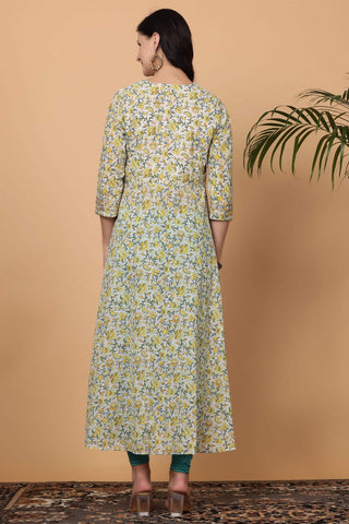 White Cotton Anarkali With Block Print