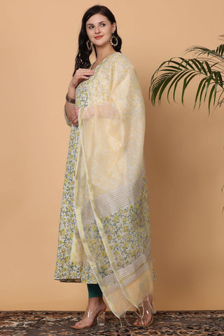 White Cotton Anarkali With Block Print