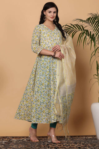White Cotton Anarkali With Block Print