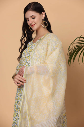 White Cotton Anarkali With Block Print