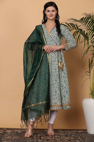 White Cotton Anarkali With Block Print