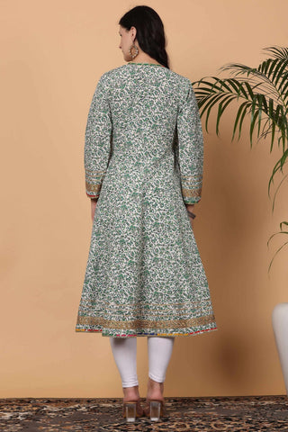 White Cotton Anarkali With Block Print