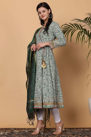 White Cotton Anarkali With Block Print