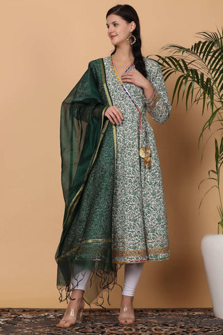 White Cotton Anarkali With Block Print