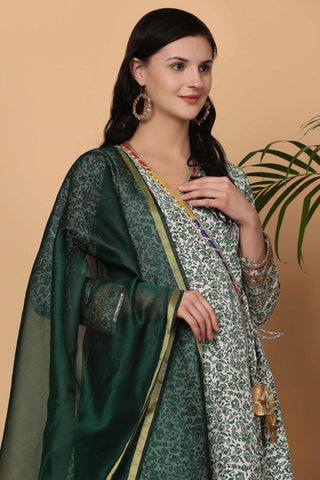 White Cotton Anarkali With Block Print