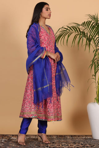 Pink Cotton Anarkali With Block Print
