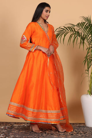 Orange Silk Kurta Set With Gota Work