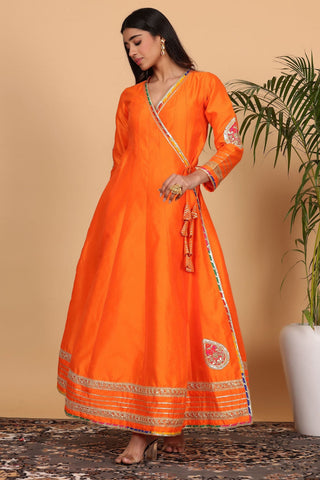 Orange Silk Kurta Set With Gota Work