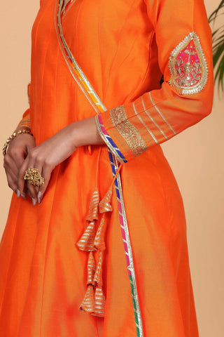 Orange Silk Kurta Set With Gota Work