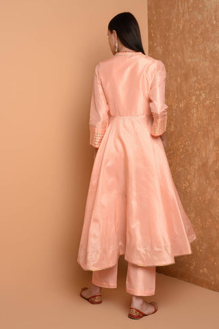 Peach Silk Kurta Set With Peach Work