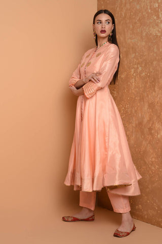Peach Silk Kurta Set With Peach Work