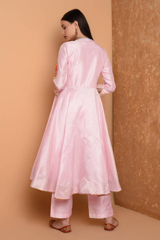 Peach Silk Kurta Set With Peach Work