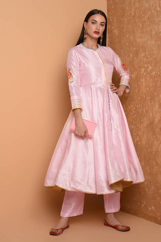 Peach Silk Kurta Set With Peach Work