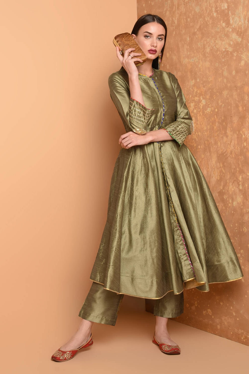 Beige Silk Kurta Set With Peach Work