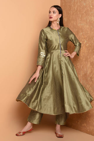 Beige Silk Kurta Set With Peach Work