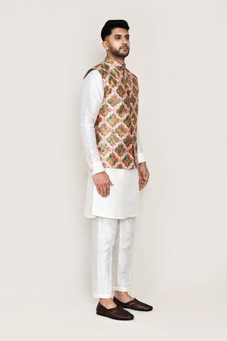 White Kurta with Straight Fit Pant And Jacket