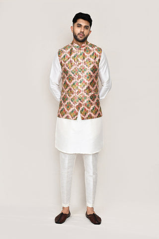 White Kurta with Straight Fit Pant And Jacket