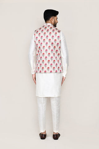 White Kurta with Straight Fit Pant And Jacket