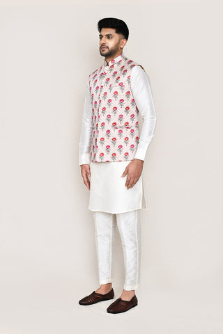 White Kurta with Straight Fit Pant And Jacket