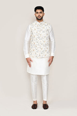 White Kurta with Straight Fit Pant And Jacket